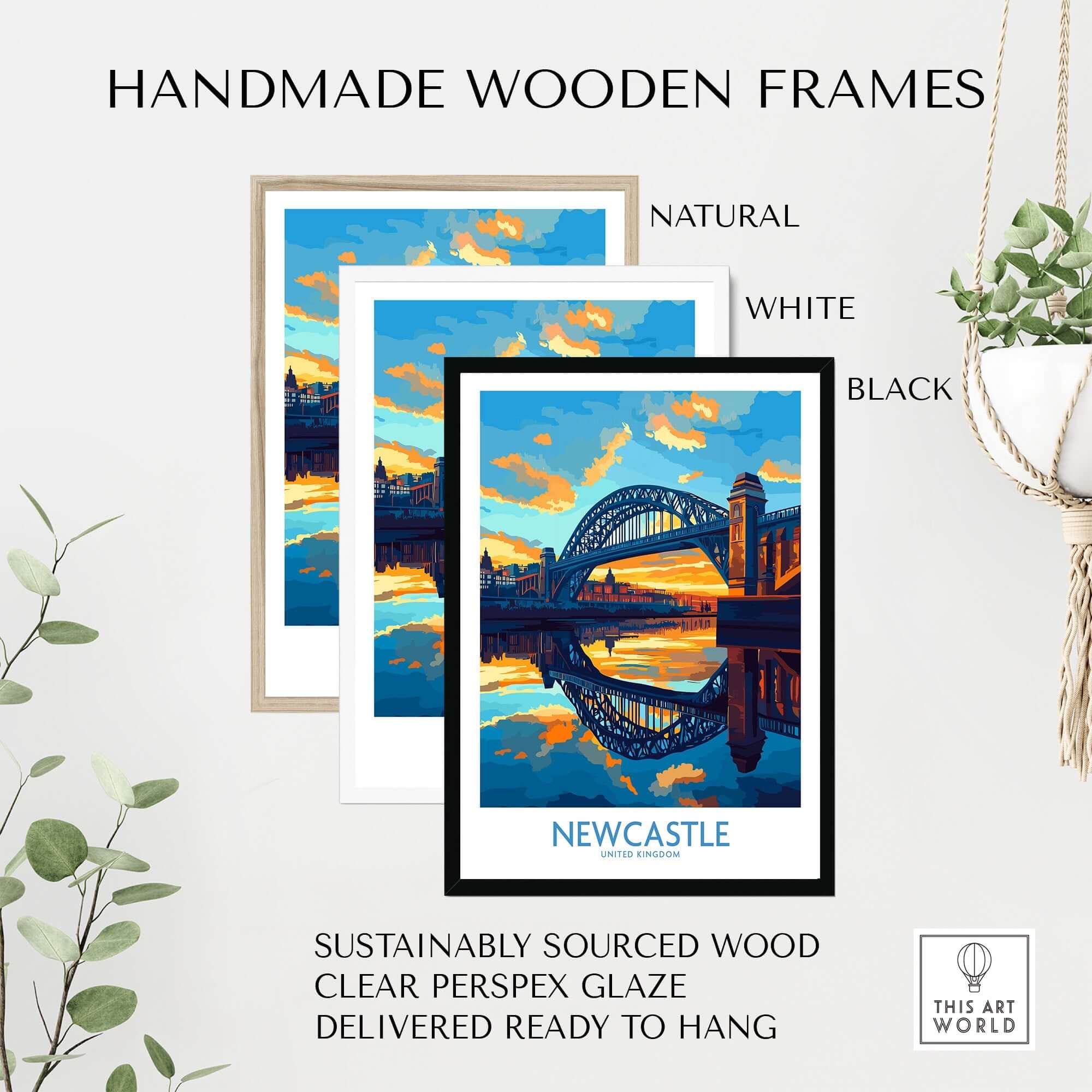 Newcastle Wall Art Print displayed in handmade wooden frames, showcasing the iconic Tyne Bridge with sunset hues.