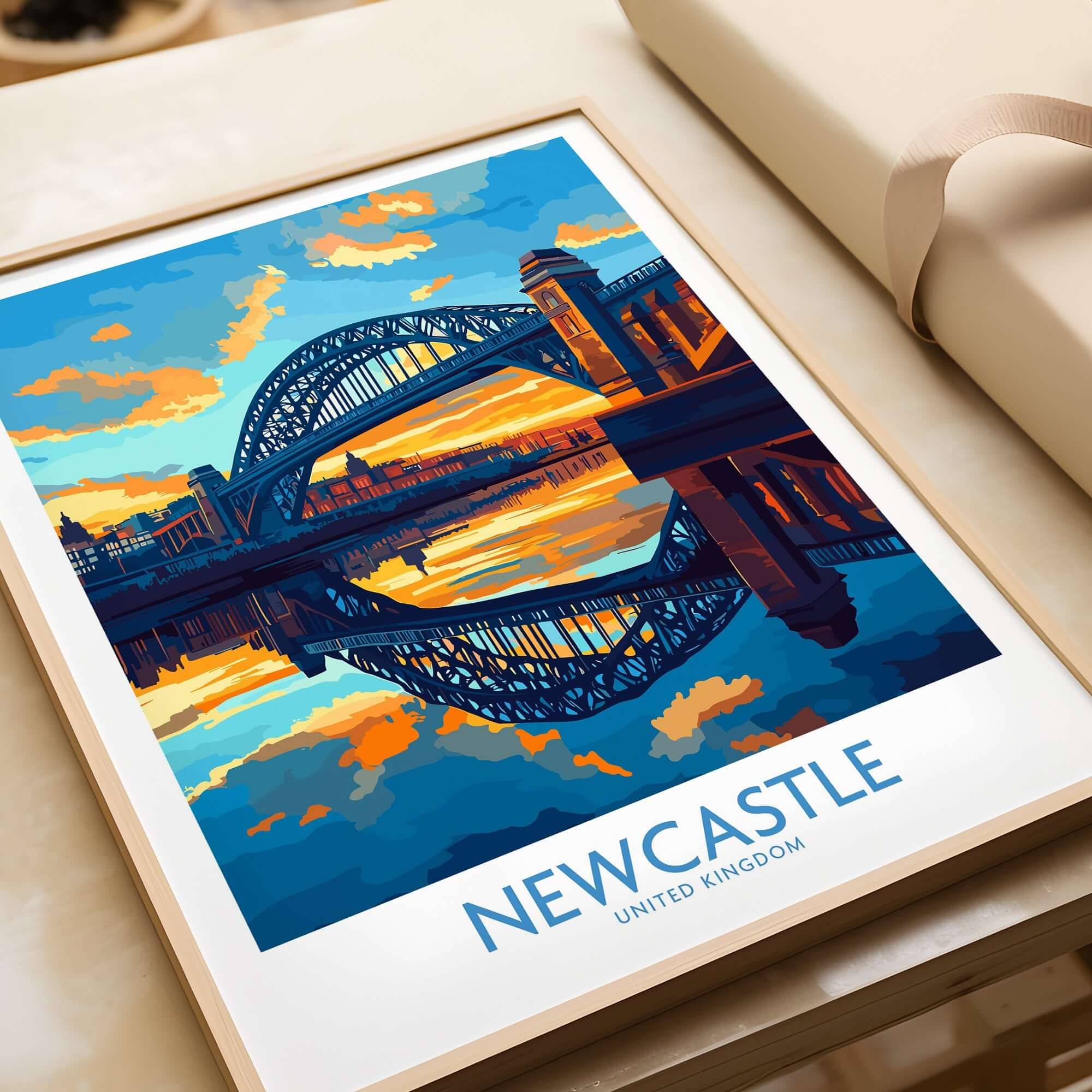 Newcastle Wall Art Print featuring the iconic Tyne Bridge at sunset with vibrant colors.