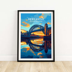 Newcastle Wall Art featuring the iconic Tyne Bridge and vibrant sunset reflection.