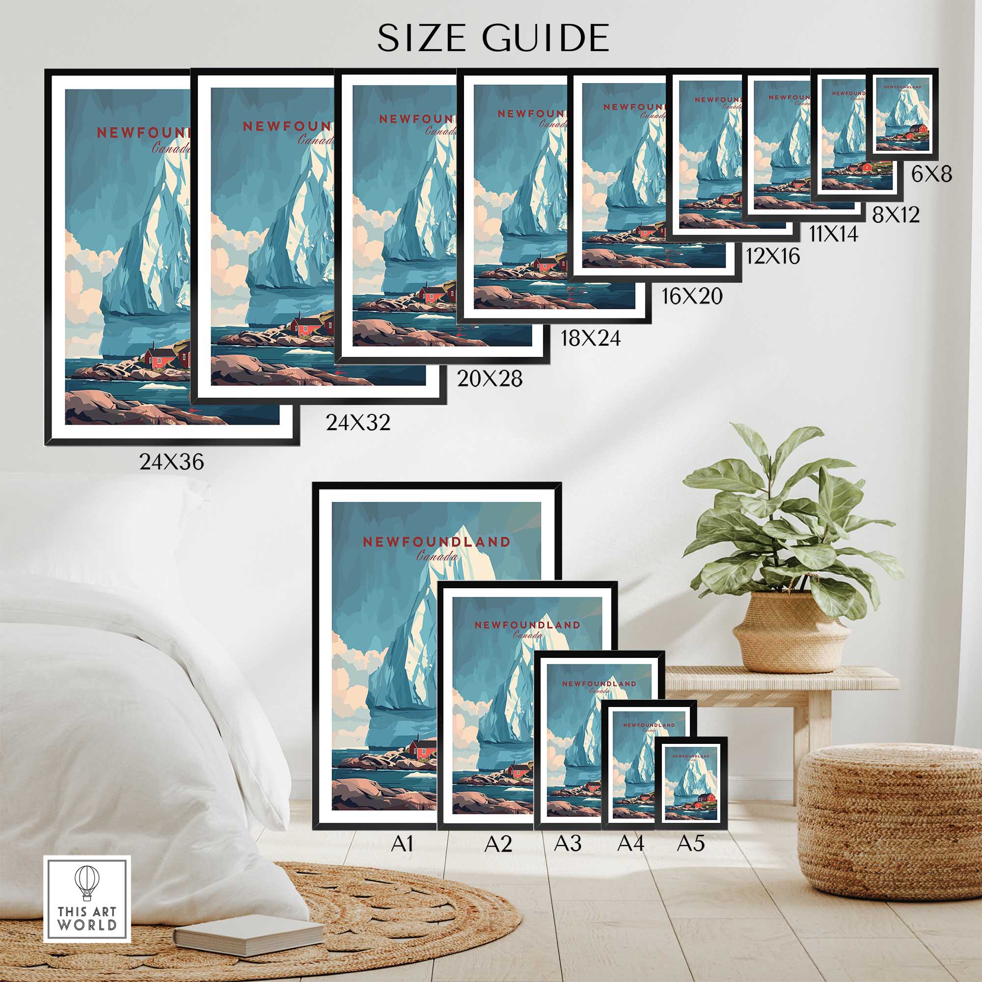 Newfoundland Canada Wall Art size guide showcasing various frame sizes with iceberg design.