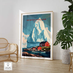 Newfoundland Canada Wall Art featuring a stunning iceberg and colorful houses in a serene landscape.