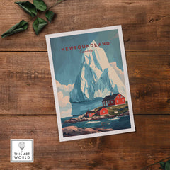 Newfoundland Canada Wall Art featuring an iceberg and coastal homes, perfect for enhancing your space with Canadian scenery.