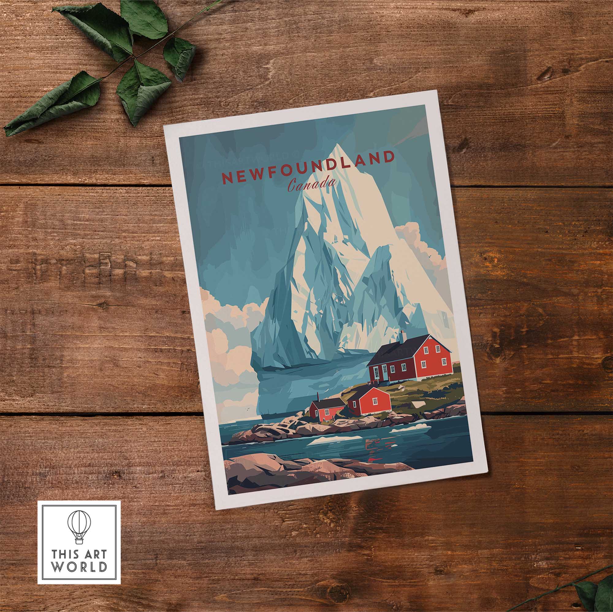 Newfoundland Canada Wall Art featuring an iceberg and coastal homes, perfect for enhancing your space with Canadian scenery.