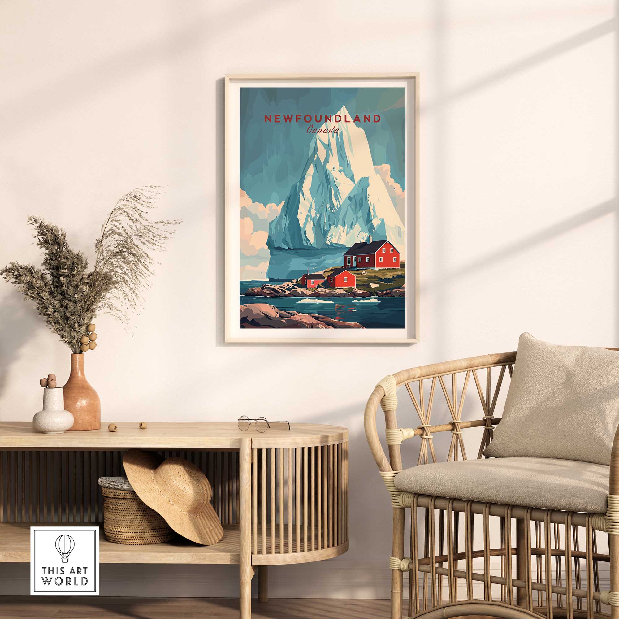 Newfoundland Canada Wall Art featuring an iceberg and red houses, perfect for home decor.