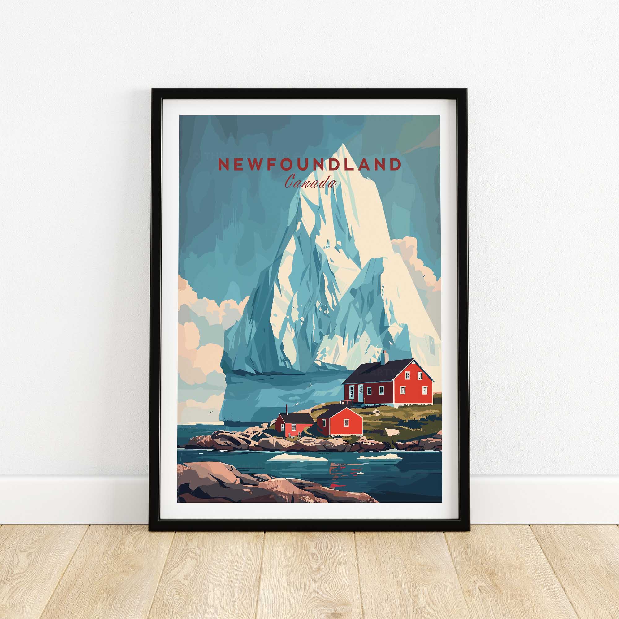 Newfoundland Canada Wall Art featuring an iceberg and red houses, perfect for adding natural beauty to your space.
