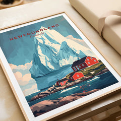 Newfoundland Canada Wall Art showcasing an iceberg and red houses, perfect for enhancing your home decor.