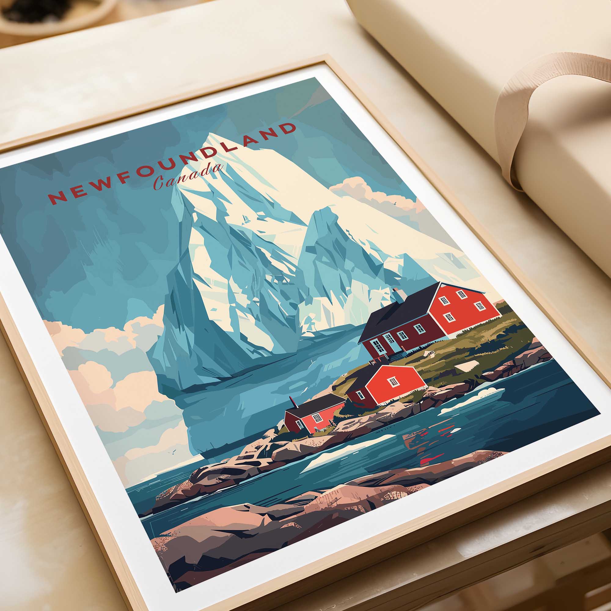 Newfoundland Canada Wall Art showcasing an iceberg and red houses, perfect for enhancing your home decor.