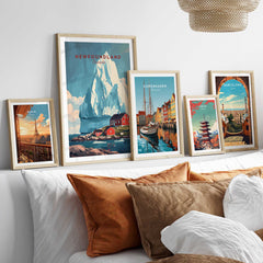 Newfoundland Canada Wall Art displayed in a modern interior, featuring vibrant landscape and travel posters.