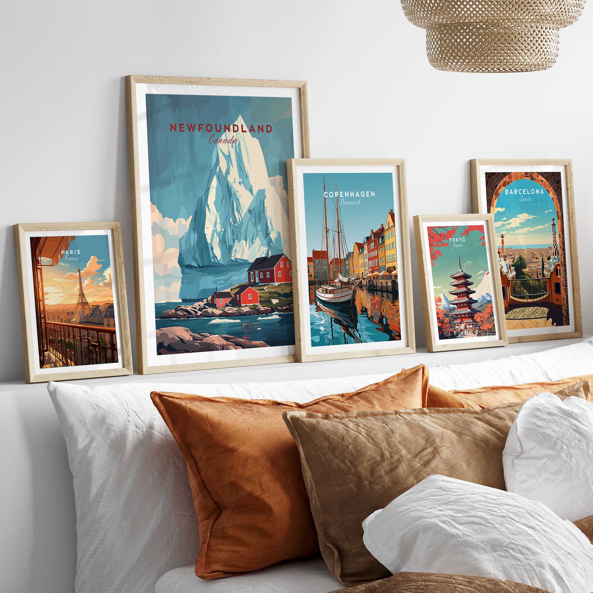 Newfoundland Canada Wall Art displayed in a modern interior, featuring vibrant landscape and travel posters.