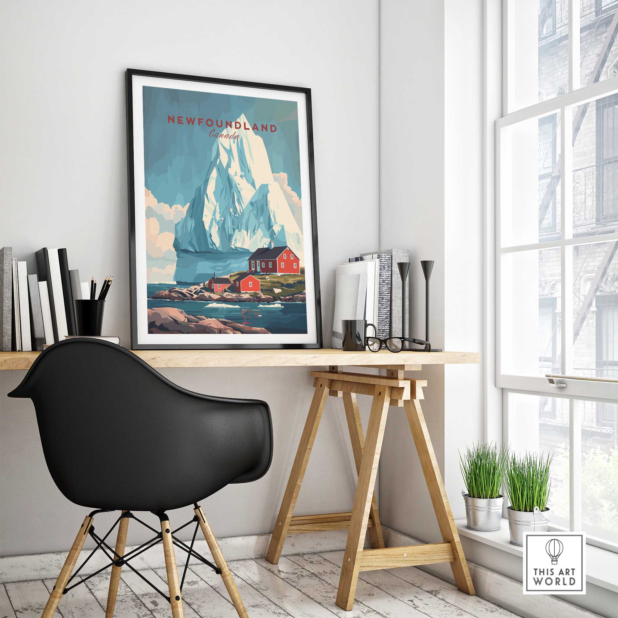 Newfoundland Canada Wall Art displayed in a modern home office, featuring an iceberg and rustic red buildings.