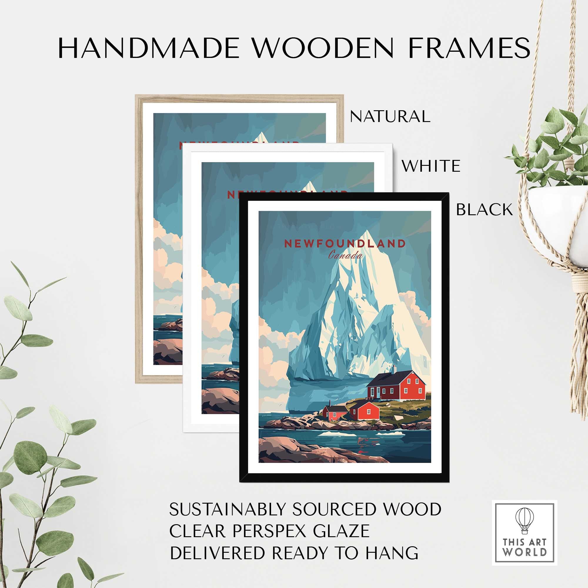 Newfoundland Canada Wall Art in handmade wooden frames showcasing natural, white, and black finishes.