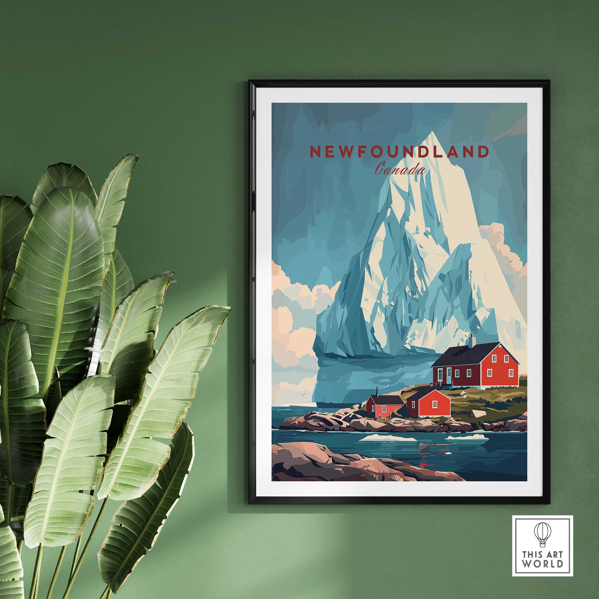 Newfoundland Canada Wall Art featuring a stunning iceberg and red houses on the coast.