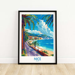 Nice Poster - France showcasing a vibrant coastal scene with palm trees and the beautiful beach of Nice.