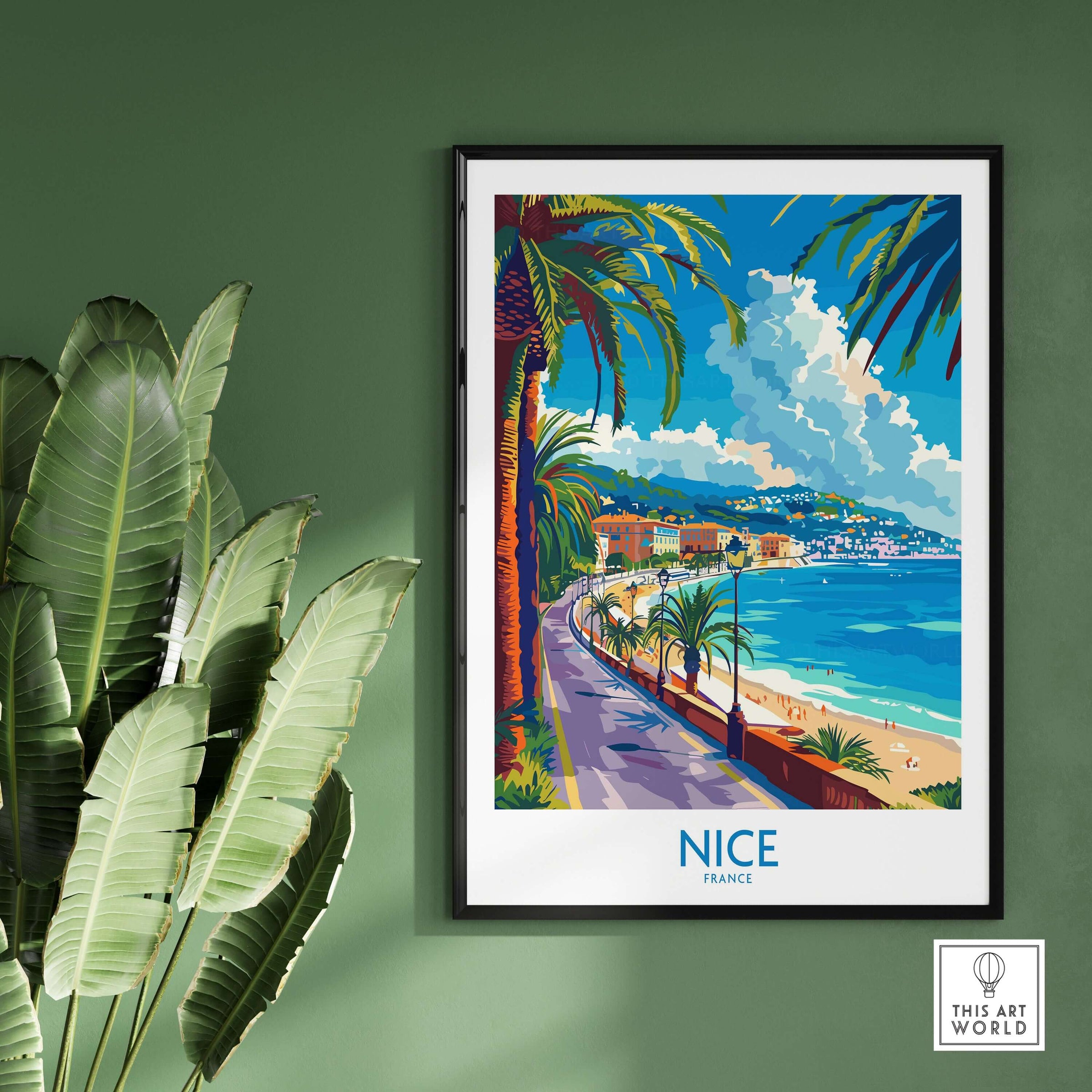 Nice Poster - France featuring a vibrant coastal scene with palm trees and the beautiful Mediterranean.