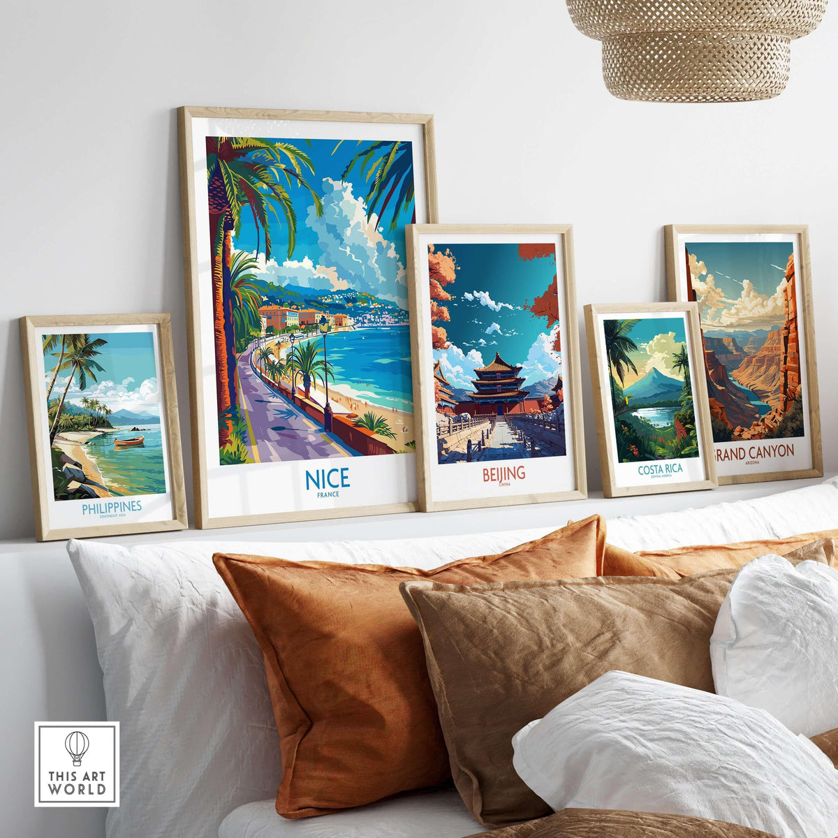 Nice Poster - France displayed among colorful travel prints, showcasing beautiful landscapes and landmarks.