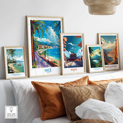 Nice Poster - France displayed among colorful travel prints, showcasing beautiful landscapes and landmarks.