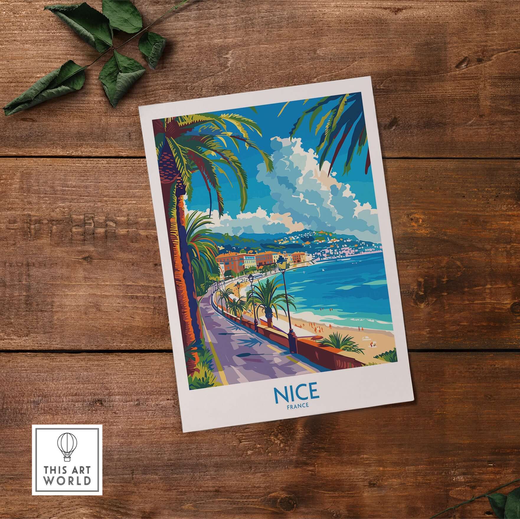 Nice Poster - France showcasing a vibrant coastal scene of Nice with palm trees and the beautiful Mediterranean Sea.