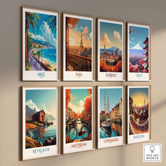 Nice Poster - France artwork featuring vibrant cities like Nice, Paris, Florence, and more, perfect for wall decor.