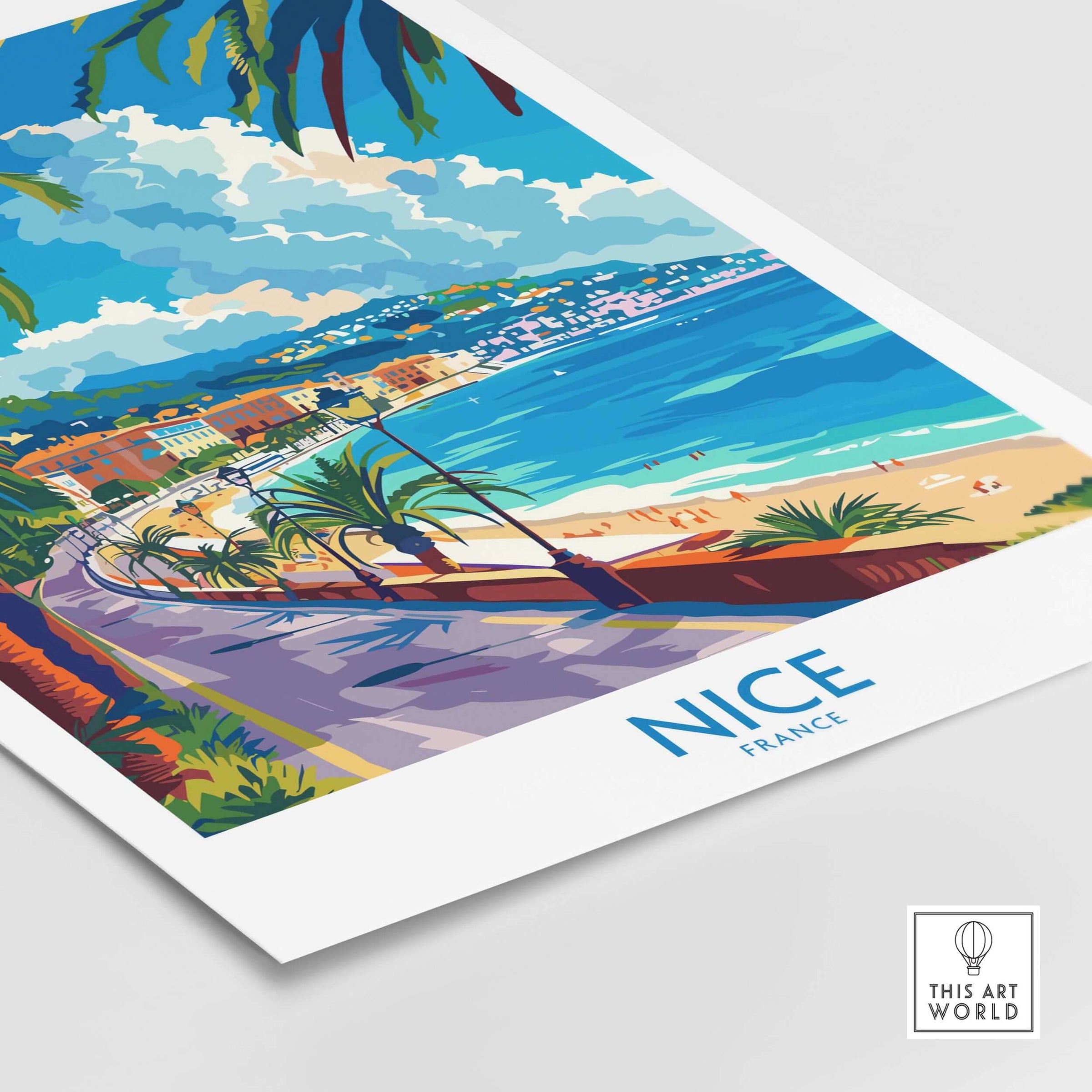 Nice Poster - France featuring a vibrant beach scene with palm trees and the coastline of Nice.