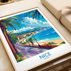 Nice Poster - France showcasing a vibrant coastal scene with palm trees and beach captured in stunning colors.
