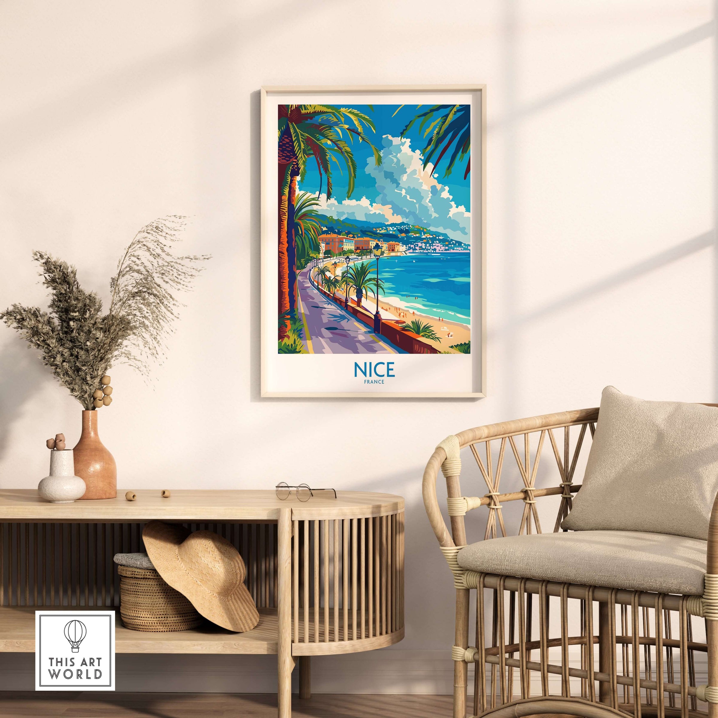 Nice Poster - France featuring a vibrant coastal scene with palm trees and a scenic beach view.