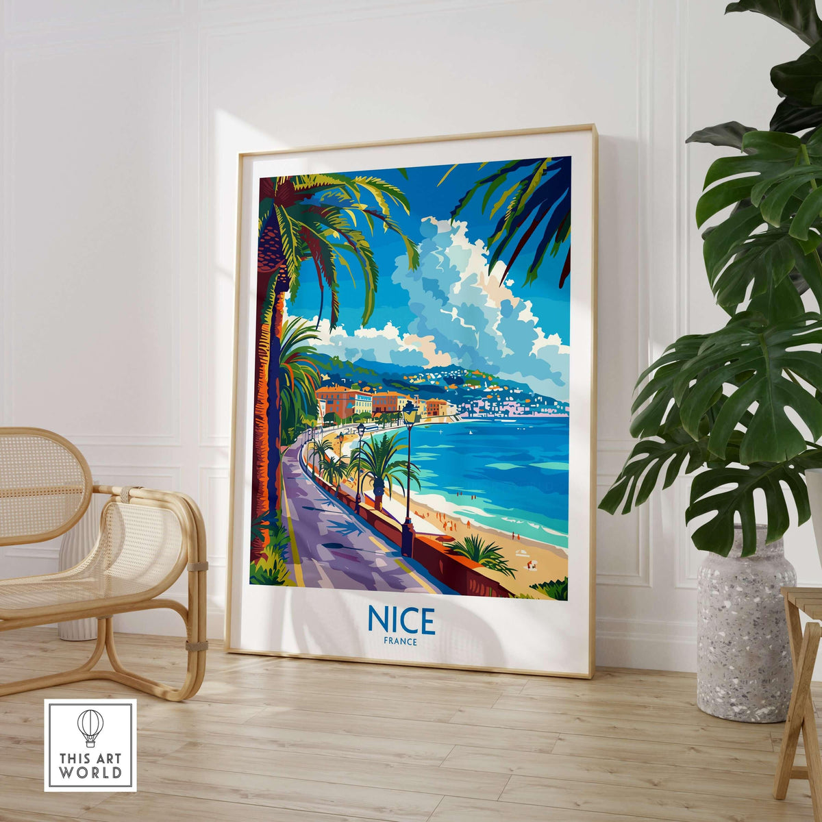 Nice Poster - France showcasing a vibrant seascape with palm trees and iconic landmarks of Nice.