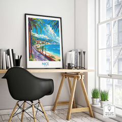 Nice Poster - France artwork displayed in a stylish interior with modern desk and tropical vibes.