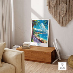 Nice Poster - France displayed in a stylish living room, showcasing the coastal beauty of Nice with vibrant colors.