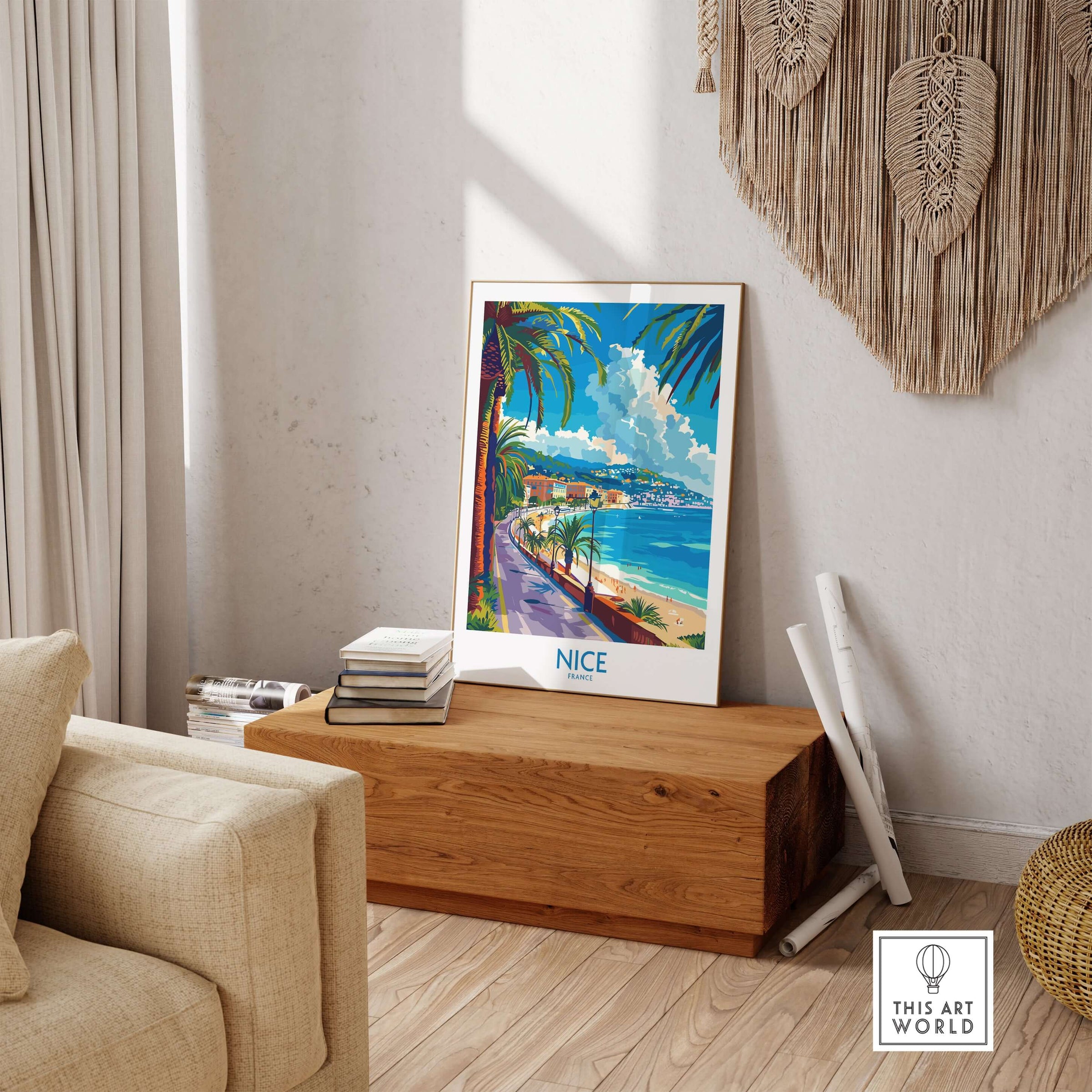 Nice Poster - France displayed in a stylish living room, showcasing the coastal beauty of Nice with vibrant colors.