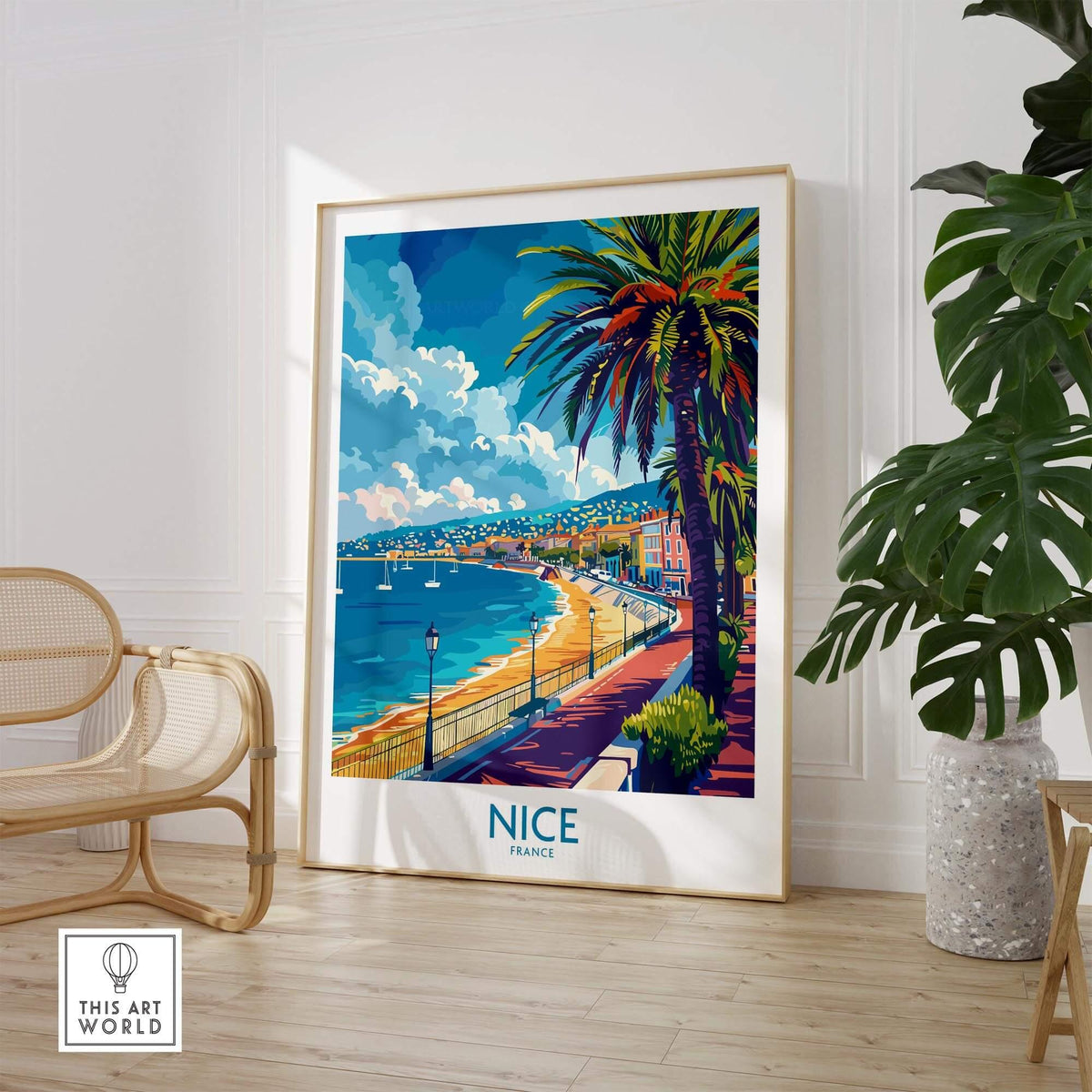 Nice Poster - French Riviera art print featuring the beautiful coast and palm trees of Nice, France.