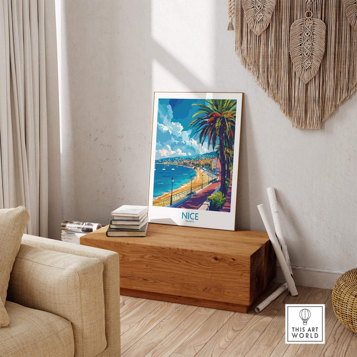 Nice Poster - French Riviera art print featuring a vibrant coastal scene with palm trees and the Mediterranean sea.