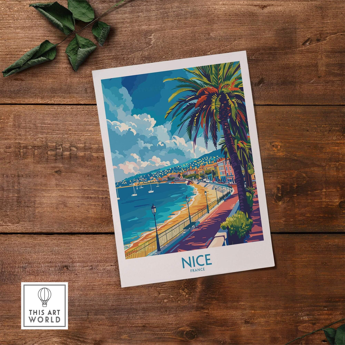 Nice Poster - French Riviera showcasing vibrant coastal views and palm trees in Nice, France.