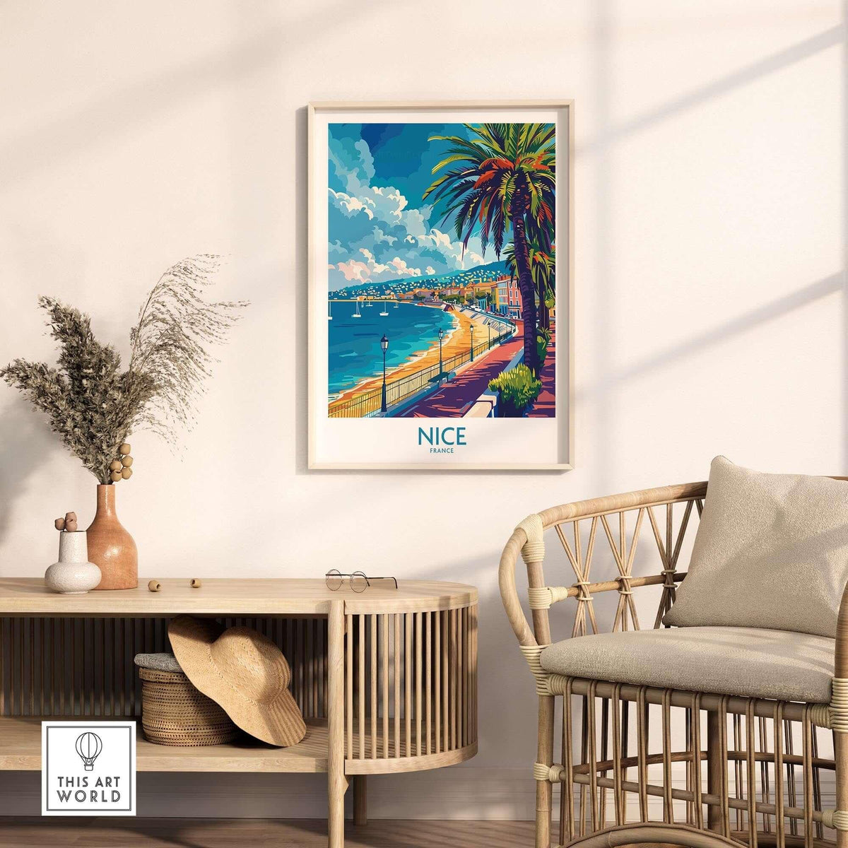 Nice Poster - French Riviera displayed in a stylish room with palm trees and coastal views, evoking a Mediterranean vibe.