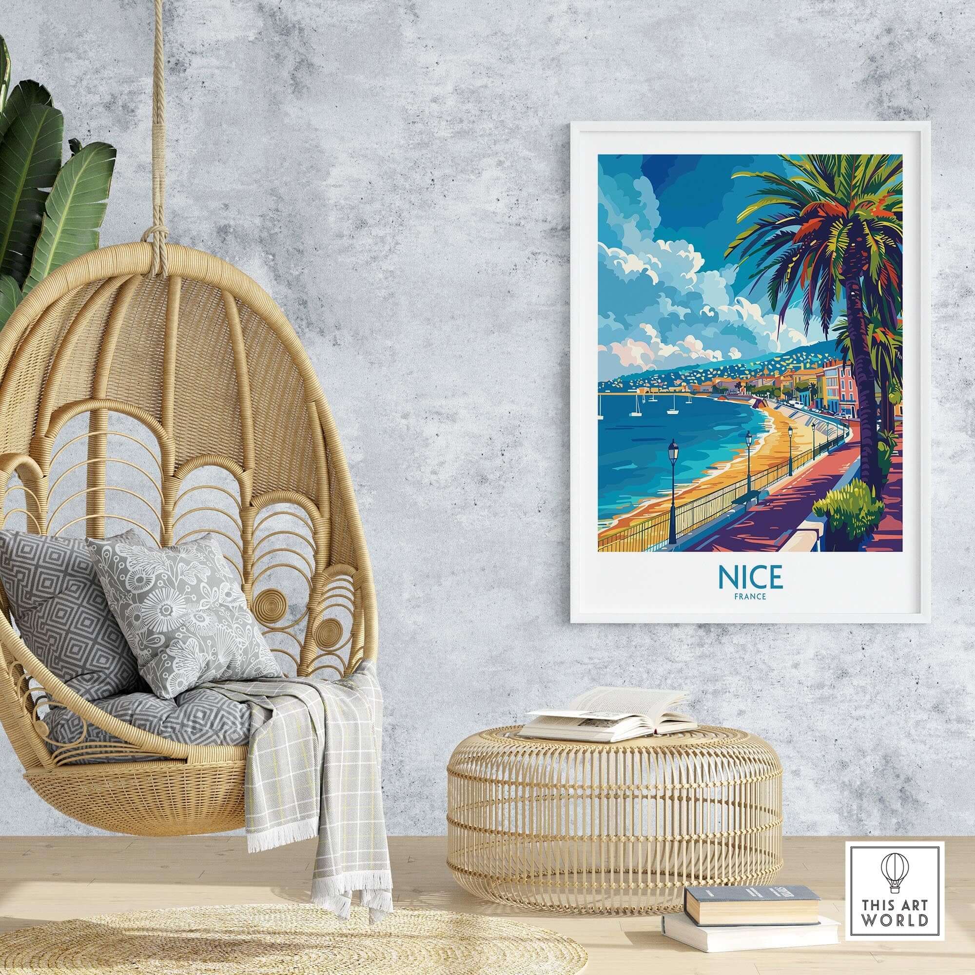 Nice Poster - French Riviera art print displayed in a stylish interior with a cozy hanging chair.