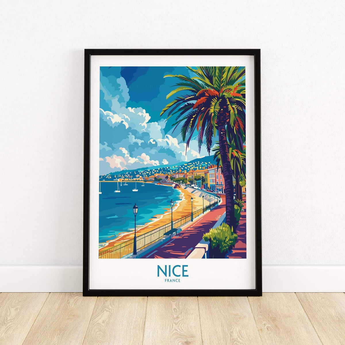 Nice Poster - French Riviera art print featuring the stunning coast of Nice, France with palm trees and vibrant colors.