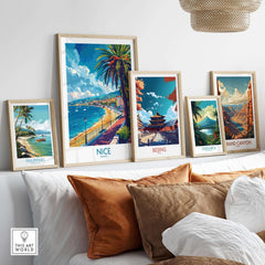 Nice Poster - French Riviera displayed on a wall with other travel art prints showcasing global destinations.