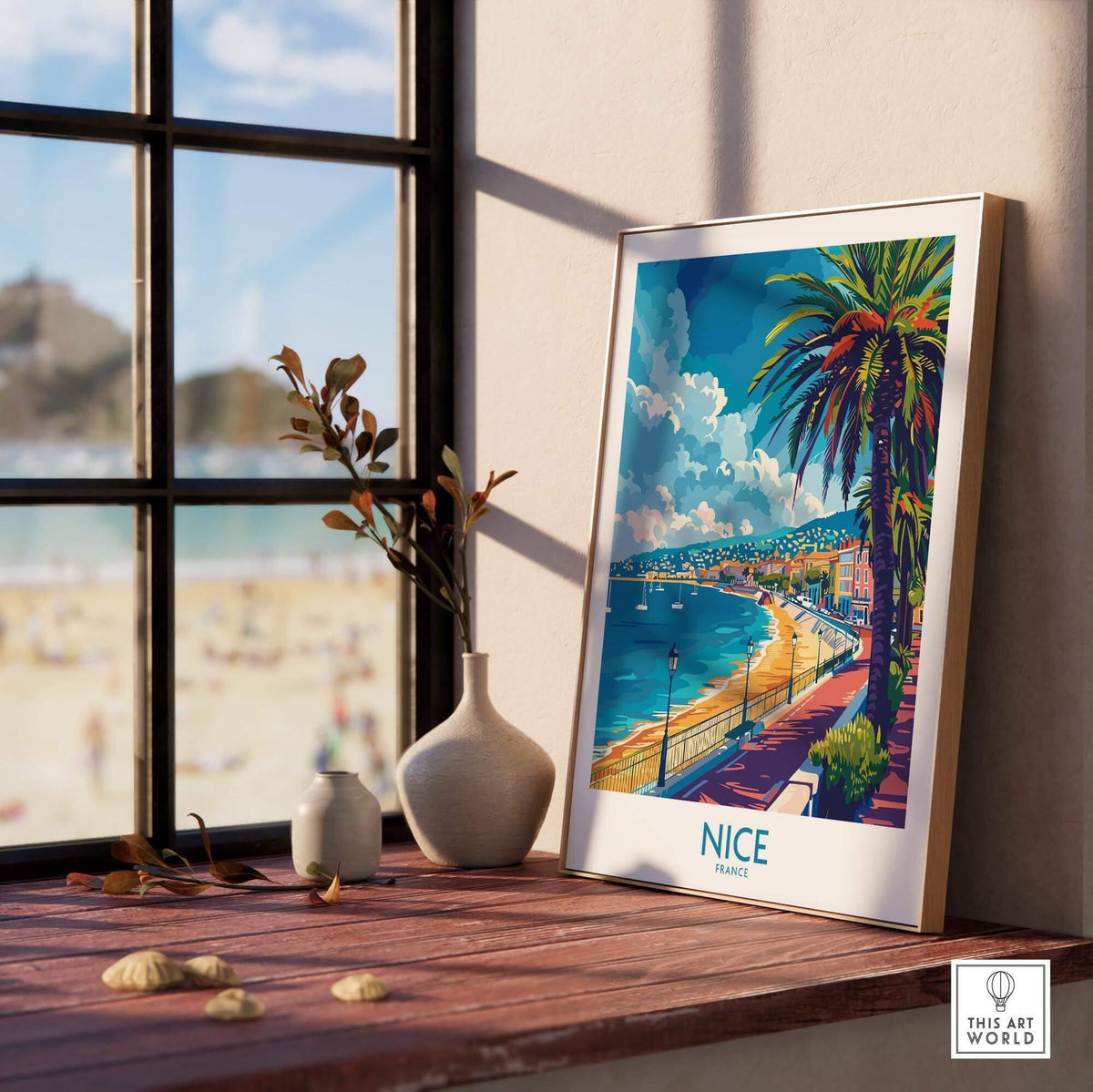 Nice Poster - French Riviera displayed in a sunny room, showcasing the beauty of Nice, France.