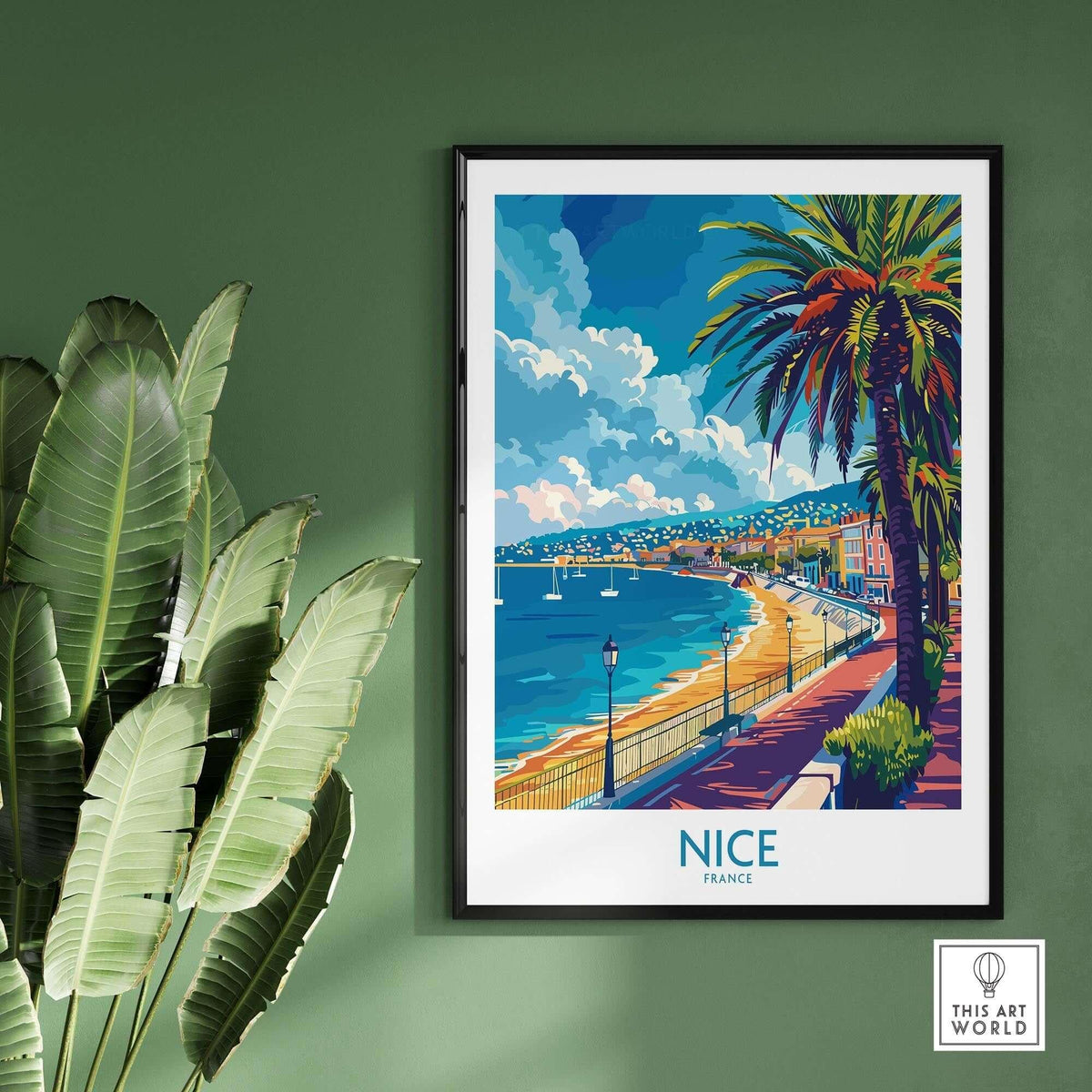Nice Poster - French Riviera showcasing beautiful coastal views and palm trees in Nice, France.