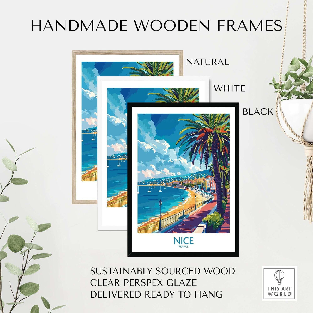 Handmade wooden frames for Nice Poster - French Riviera in natural, white, and black options.