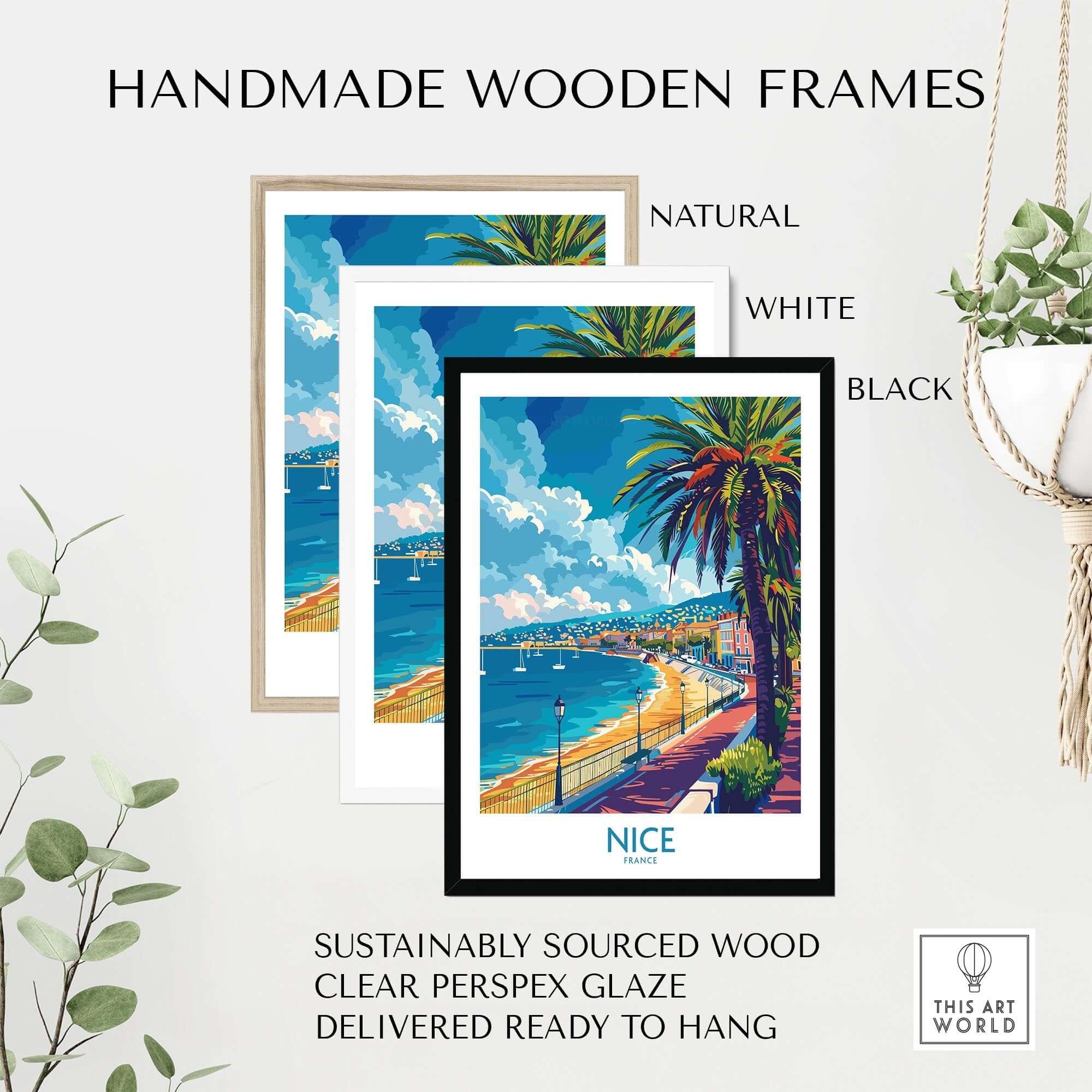Handmade wooden frames for Nice Poster - French Riviera in natural, white, and black options.