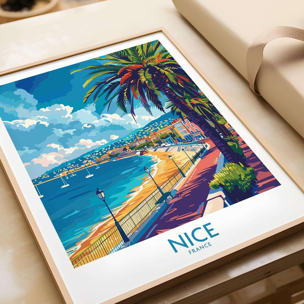 Nice Poster - French Riviera art print featuring vibrant coastal views and palm trees in Nice, France.