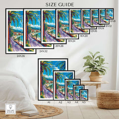 Nice Print - France size guide showcasing various frame sizes for French Riviera travel posters.