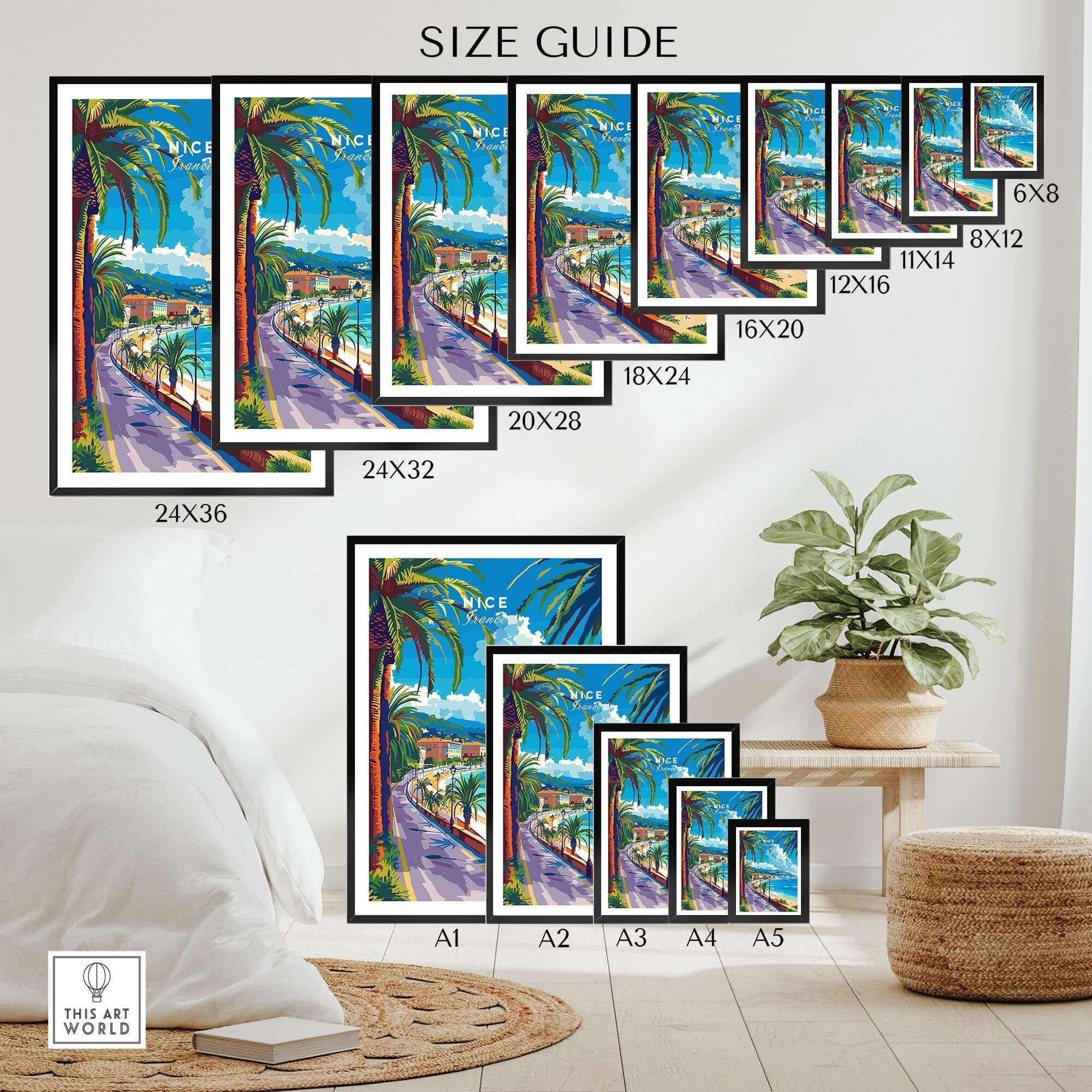 Nice Print - France size guide showcasing various frame sizes for French Riviera travel posters.