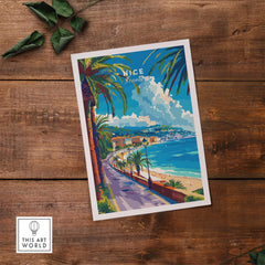 Nice Print - France vibrant travel poster showcasing the scenic coastline of Nice, France, ideal for home decoration.