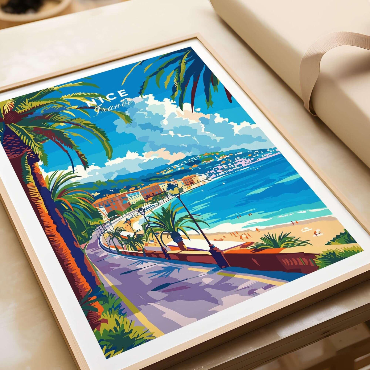 Nice Print - France vibrant travel poster featuring the scenic French Riviera and palm trees.
