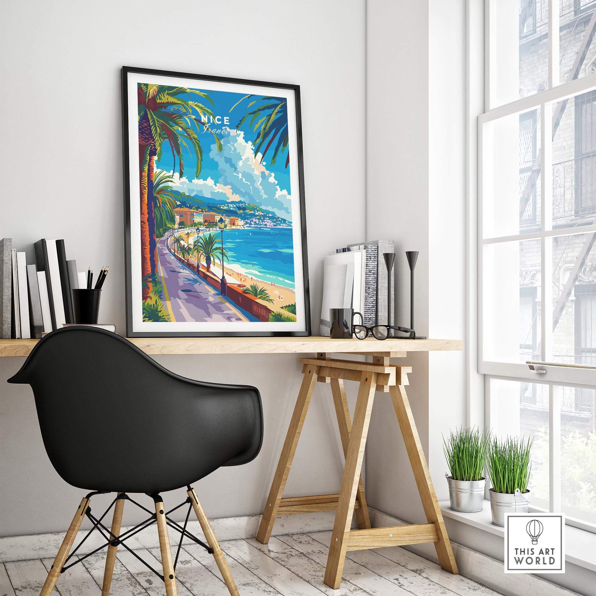 Nice Print - France travel poster featuring a scenic view of Nice with palm trees and the sea.