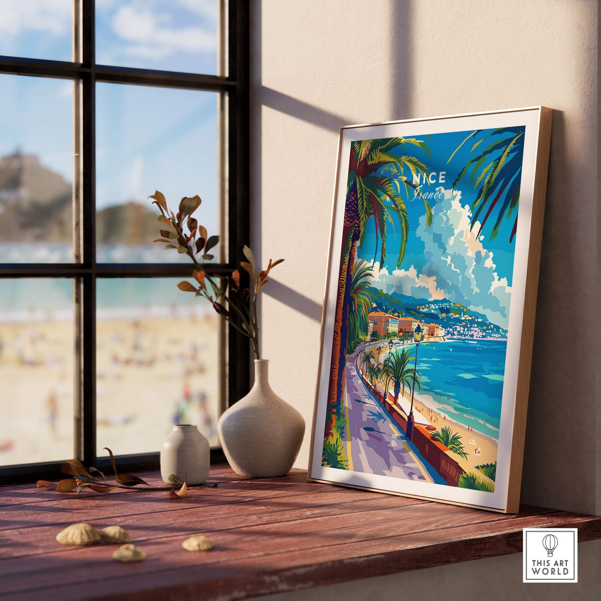 Nice Print - France travel poster showcasing the French Riviera with a beautiful coastal view.