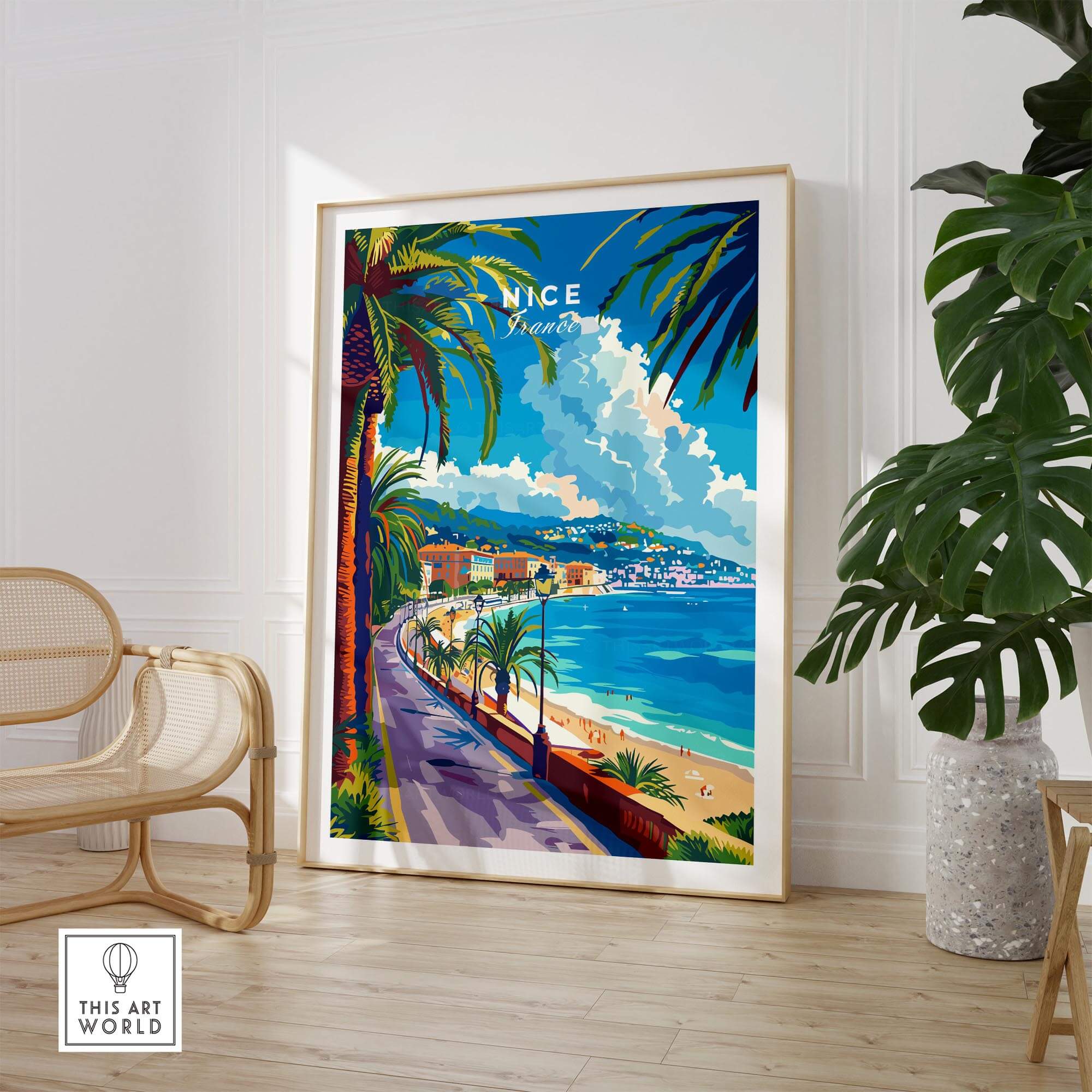 Nice Print - France travel poster showcasing the scenic French Riviera with vibrant colors and palm trees in a stylish interior.
