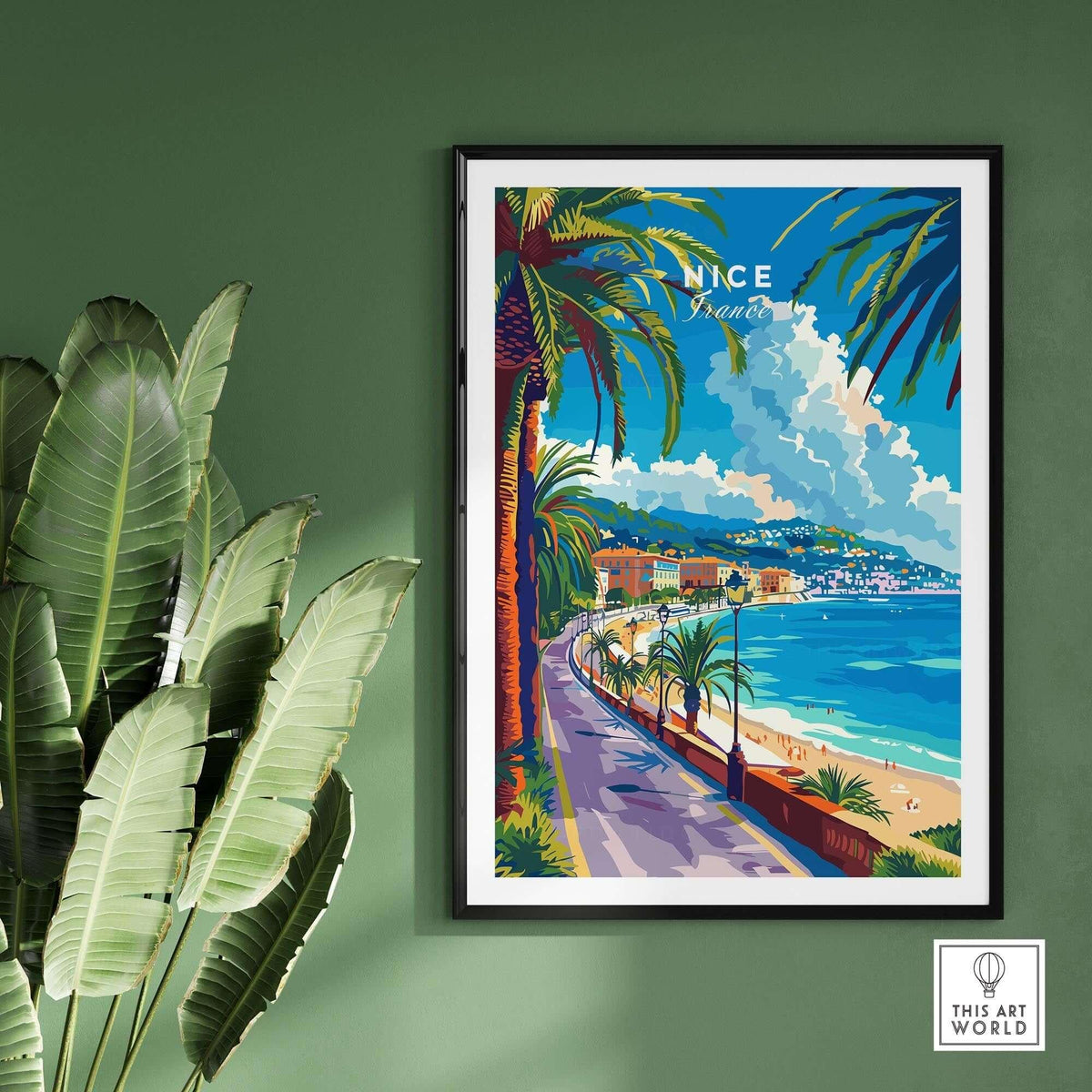 Nice Print - France travel poster depicting the beautiful French Riviera with palm trees and ocean views.
