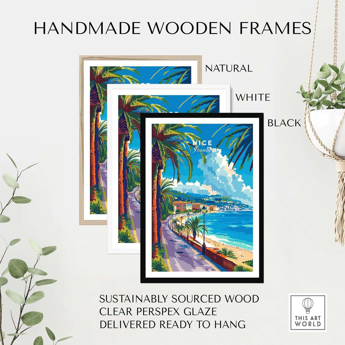 Handmade wooden frames for Nice Print - France, featuring natural, white, and black options with a clear perspex glaze.